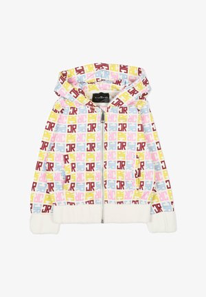 Kapturowa bluza zapinana na zamek z lekkiego materiału, z wielokolorowym, geometrycznym wzorem w odcieniach różu, żółci i niebieskiego. Rękawy i dół wykończone polarem.