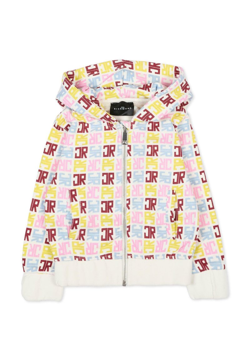 Sweatshirt à capuche zippé en tissu léger, présentant un motif géométrique multicolore en rose, jaune et bleu. Poignets et ourlet en polaire.