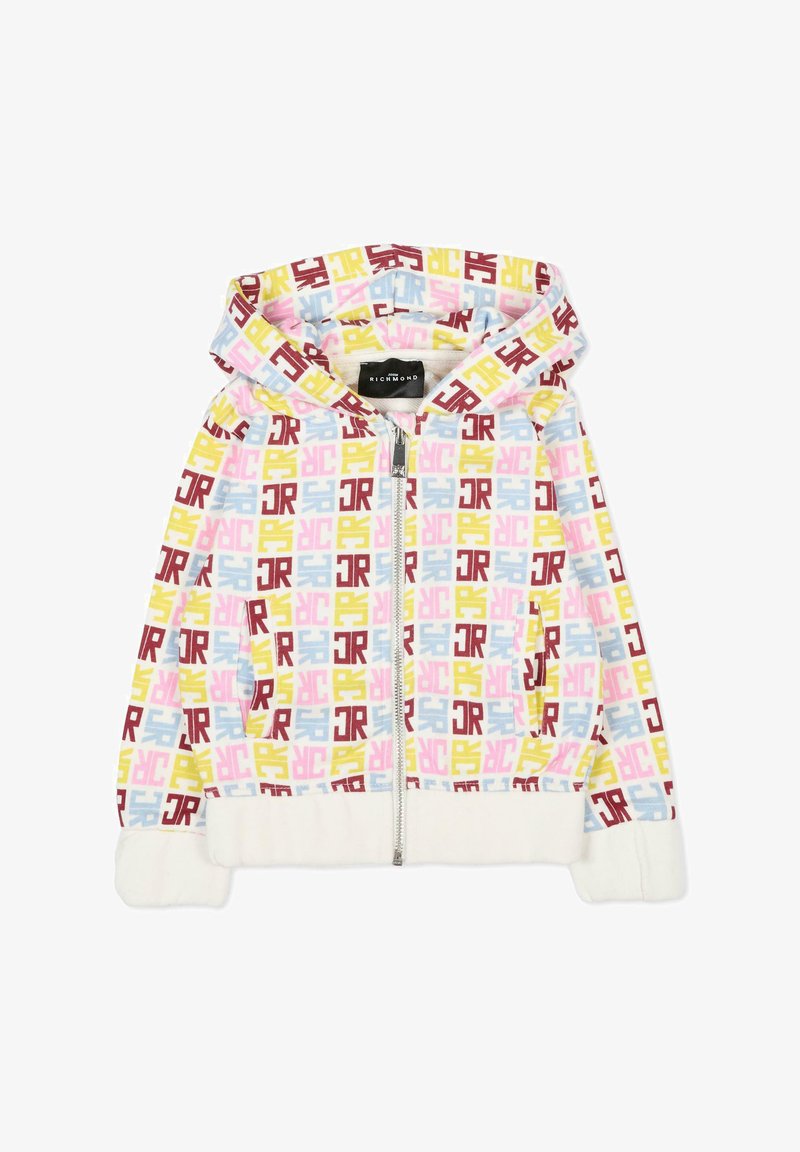 Sweatshirt à capuche zippé en tissu léger, présentant un motif géométrique multicolore en rose, jaune et bleu. Poignets et ourlet en polaire.