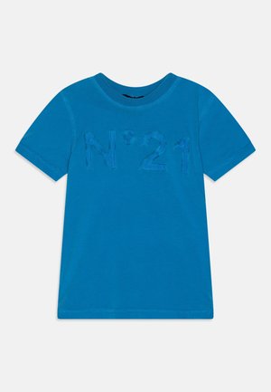 Blauw katoenen T-shirt met korte mouwen, ronde hals en een textuurprint van "N°21" op de voorkant. Effenkleurig met een gladde afwerking.