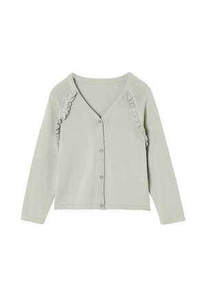 Hellgrüne, gestrickte Strickjacke mit langen Ärmeln, Knöpfen vorne, V-Ausschnitt und Rüschendetails entlang der Schulternähte.