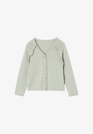 Hellgrüne, gestrickte Strickjacke mit langen Ärmeln, Knöpfen vorne, V-Ausschnitt und Rüschendetails entlang der Schulternähte.