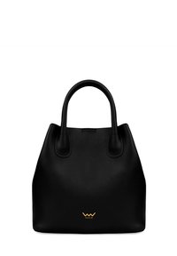 Black leather handbag with a structured shape, rounded dual handles, and a gold logo accent. Smooth texture and minimalist design.
