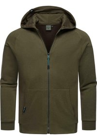 Olive green hoodie with a front zipper, two side pockets, raglan sleeves, and a lined hood. Features blue accent on zipper pull.