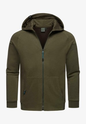 Olive green hoodie with a front zipper, two side pockets, raglan sleeves, and a lined hood. Features blue accent on zipper pull.