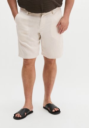 Man draagt beige korte broek, zwarte slidesandalen en een donkerbruine gestructureerde korte mouwen overhemd, staat met handen in de zakken.