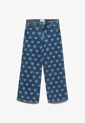 Denim wijde-pijpen jeans met een donkerblauwe basis en een lichtblauw hartjespatroon overal. Vijfzakkenontwerp en knoopsluiting in de taille.