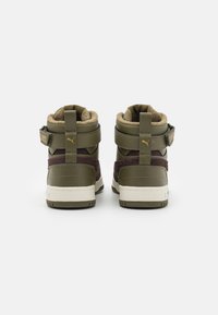 High-top sneakers in olive green and burgundy leather, featuring a textured finish, woven accents, and a padded collar with adjustable straps.