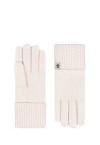 Cremefarbene Wollhandschuhe mit geripptem Bündchen, die über fünf Fingerfächer und ein kleines Logotag am Bündchen verfügen. Weiche Textur.