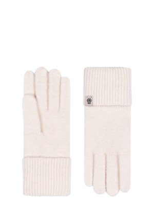 Cream-colored wool gloves with ribbed cuff, featuring five finger compartments and a small logo tag on the cuff. Soft texture.