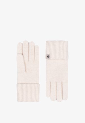 Cremefarbene Wollhandschuhe mit geripptem Bündchen, die über fünf Fingerfächer und ein kleines Logotag am Bündchen verfügen. Weiche Textur.