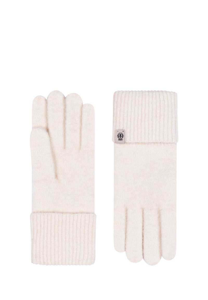 Cremefarbene Wollhandschuhe mit geripptem Bündchen, die über fünf Fingerfächer und ein kleines Logotag am Bündchen verfügen. Weiche Textur.