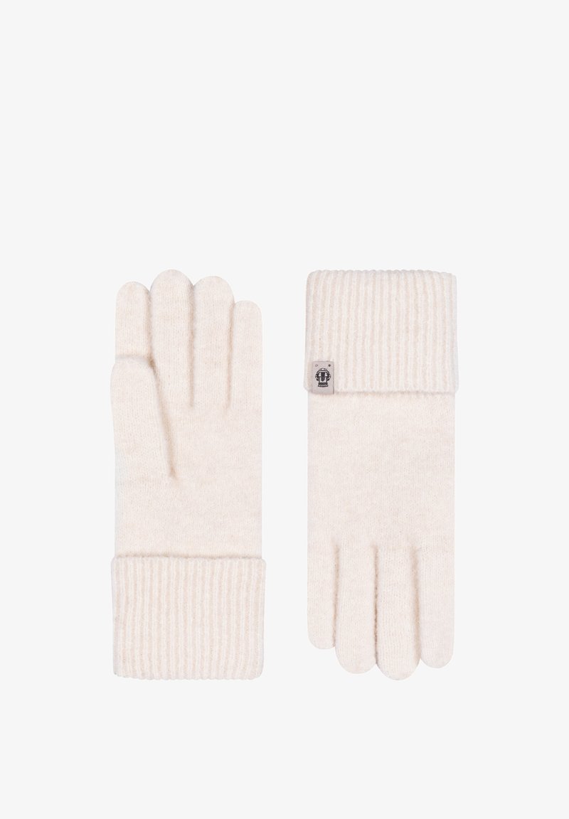 Cream-colored wool gloves with ribbed cuff, featuring five finger compartments and a small logo tag on the cuff. Soft texture.