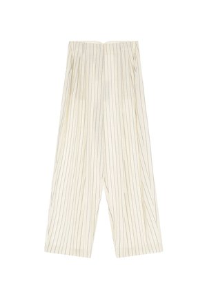 Pantaloni larghi a righe di colore chiaro realizzati in morbido tessuto; presentano righe verticali blu navy, un design plissettato e una vita elasticizzata.