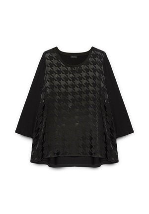 Blusa nera a maniche lunghe con scollatura rotonda e un motivo a scacchi in rilievo e lucido sul pannello anteriore.