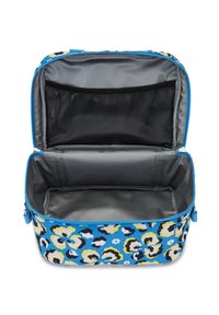 Isolierte Lunch-Tasche mit blauem Blumenmuster, ausgestattet mit einem Reißverschluss, geräumigem Innenraum und einer Netztasche im Deckel.