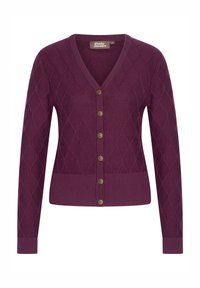 V-ringad kofta i mörklila stickad tyg med en diamantmönster, ribbat avslut och ärmar, samt sex knappar i guldton fram.