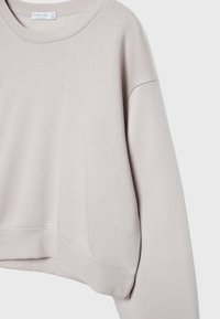 Sweatshirt beige clair à col rond avec manches longues, poignets et ourlet côtelés, suspendu sur un fond blanc uni.