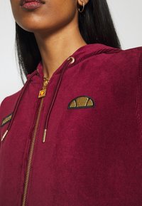 Primer plano de una persona que lleva una sudadera burdeos con cremallera dorada y cordones, un parche de logotipo bordado, y un arete de aro dorado visible.