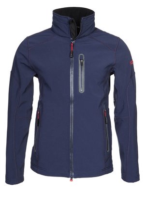 Marineblaue Softshell-Jacke mit Reißverschluss, hohem Kragen, drei Reißverschlusstaschen und roten Reißverschlussanhängern auf weißem Hintergrund.