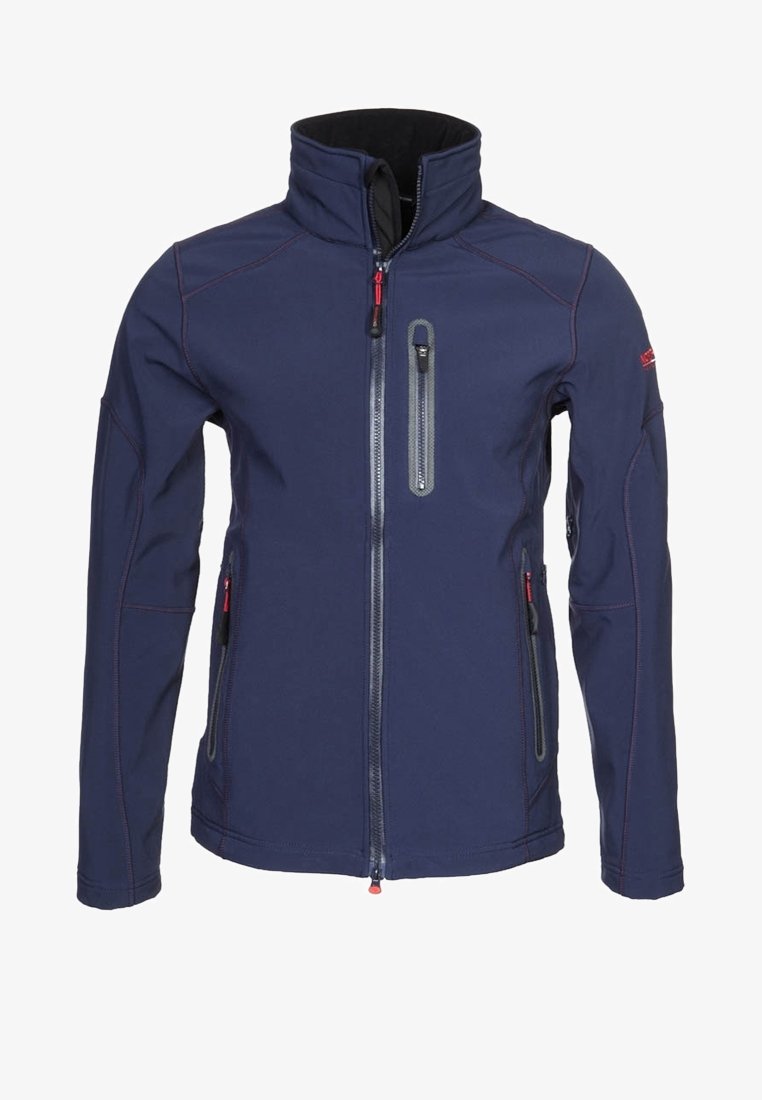 Veste softshell bleu marine zippée avec col montant, trois poches zippées et tirettes de zip rouges sur fond blanc.