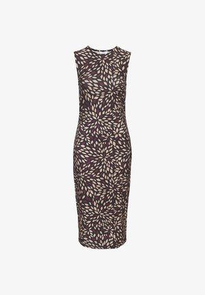 Mouwloze jurk tot de knie met een zwarte basis en een abstract patroon van verspreide beige en donkerrode bladvormen.