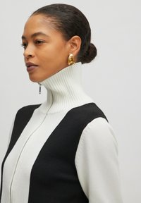 Gebreid ritssluitingtrui met een hoge ribbelkraag, zwart-witte kleurblokken en een metallic ritssluiting. Gouden oorbellen in de vorm van een hoop inbegrepen.