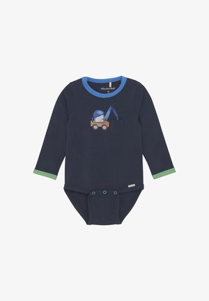 Marineblå langærmet heldragt med blå og grønne manchetter, som har et tryk af byggeplads-køretøjer på brystlommen og trykknaplukning i bunden.