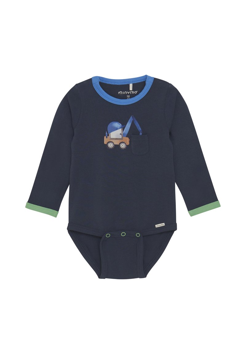 Marinblå långärmad body med blå och gröna muddar, försedd med en tryck av byggfordon på bröstfickan och tryckknappar i botten.