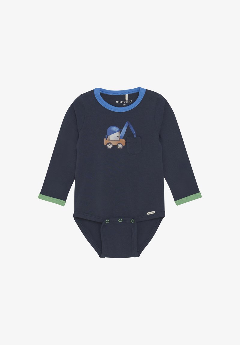 Marinblå långärmad body med blå och gröna muddar, försedd med en tryck av byggfordon på bröstfickan och tryckknappar i botten.