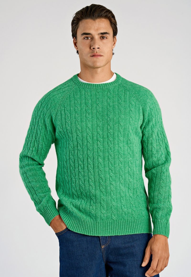 Jersey verde de punto grueso con escote redondo y dobladillo acanalado. Presenta patrones texturizados y mangas largas. Se lleva con vaqueros azules.