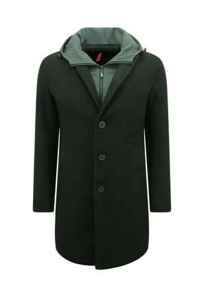 Zwarte lange jas met knopen aan de voorkant, gedragen over een grijze hoodie met rits en trekkoorden, op een witte achtergrond.