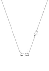 Sølv halskæde med et infinity-symbol vedhæng, forbundet med en delikat kæde, og et lille hjerte charm med "925" gravering.