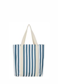Gestreepte draagtas met blauwe en witte verticale strepen, gemaakt van stevig stof. Voorzien van twee beige handvatten om te dragen.