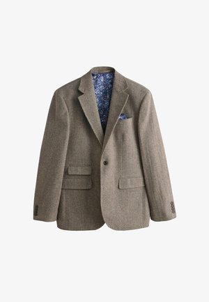 Bruine visgraatwolblazer met inkeping in de revers, twee klepzakken aan de voorkant, enkele knoopsluiting en een blauwe bloemmotief voering met bijpassend pochet.