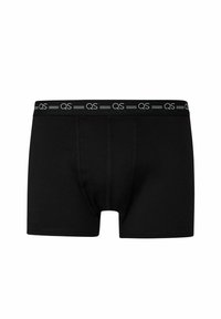 Zwarte boxershorts voor mannen met een zwarte elastische tailleband, bestaande uit herhalende witte "QS" logo's en horizontale lijnen.