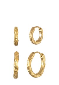 Boucles d'oreilles en or en forme de cerceau avec un design texturé et organique. Présentent des bords lisses et une surface distincte et inégale. Disponibles en plusieurs tailles.