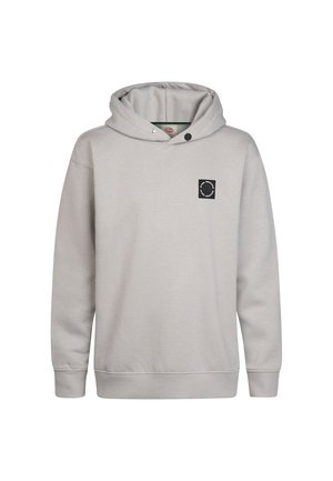 Lichtgrijze hoodie met een klein zwart vierkant logo op de linkerborst en geribde boorden en zoom.