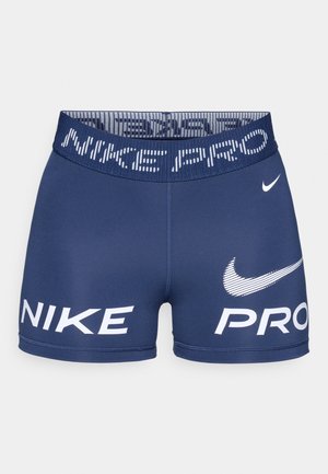 Mørkeblå treningsshorts med en tettsittende design, med en elastisk midje med "NIKE PRO" og en hvit Nike-logo på siden.