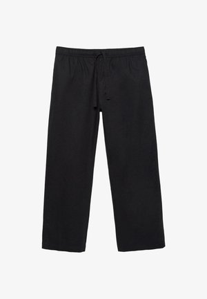 Fekete, laza szabású nadrág, elasztikus derékrésszel és húzózsinórral, egyenes szárú, zsebek vagy minták nélkül, laposan elrendezve.