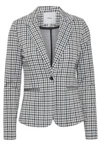 Rutig svart och vit blazer med notch lapel, enkel knappknäppning och två framfickor. Tygstrukturen verkar slät.