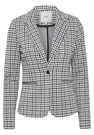 Blazer à motifs écossais noir et blanc avec un col cranté, fermeture à un bouton et deux poches avant. La texture du tissu semble lisse.