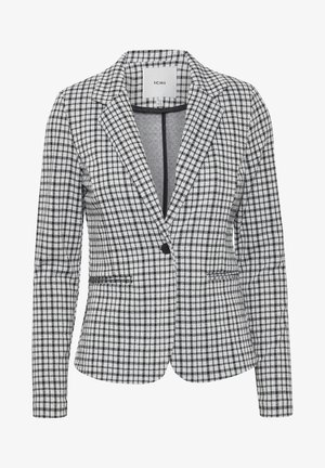 Blazer à motifs écossais noir et blanc avec un col cranté, fermeture à un bouton et deux poches avant. La texture du tissu semble lisse.