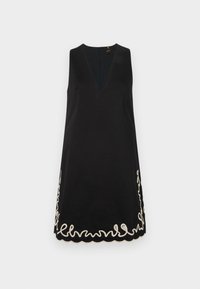 Black sleeveless dress with a V-neck and scalloped hem, featuring intricate white embroidery along the bottom edge. Smooth fabric texture.