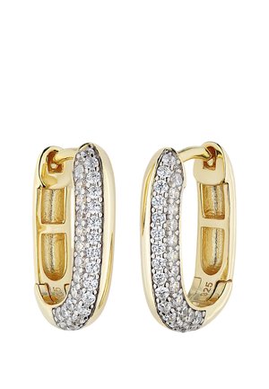 Gold hoop earrings with a curved row of small sparkling white stones embedded on the front side.