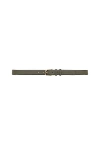 Olive green leather belt with a sleek, flat design, featuring a round gold-tone buckle and multiple adjustment holes.