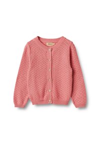 Rosa gestrickte Strickjacke mit strukturiertem Muster, Rundhalsausschnitt und Knopfverschluss vorne mit Holzknöpfen; gerippte Bündchen und Saum.