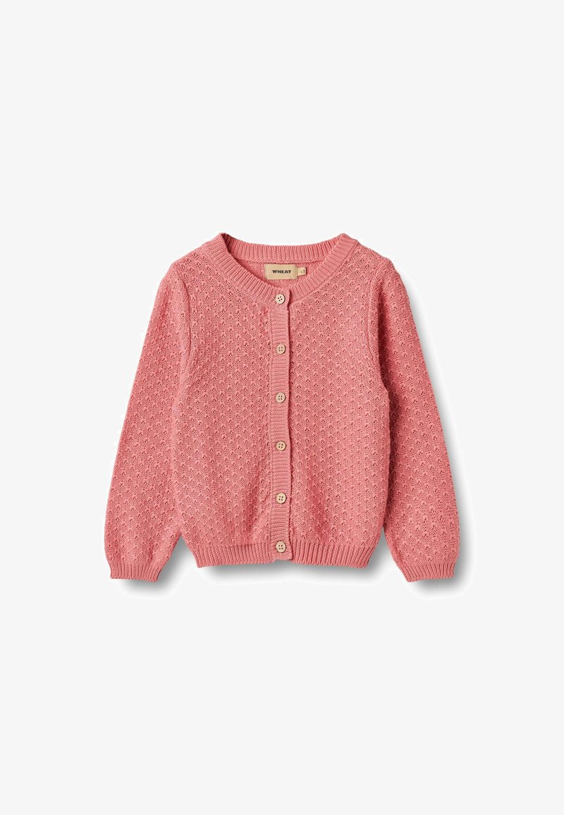 Rosa gestrickte Strickjacke mit strukturiertem Muster, Rundhalsausschnitt und Knopfverschluss vorne mit Holzknöpfen; gerippte Bündchen und Saum.