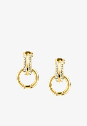 Guldøreringe med øreringe i hoop-design med lodrette søjler, der er dækket af klare krystaller, og som forbinder til polerede cirkulære ringe.