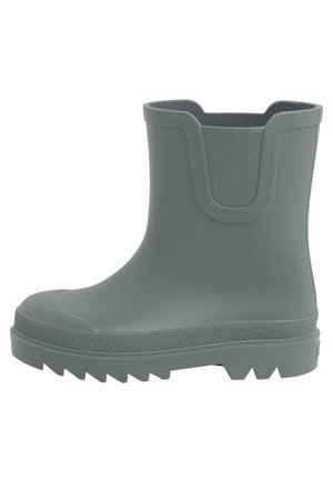 Botas de lluvia de goma grises con un upper texturizado, diseño de tobillo alto y suela estriada y antideslizante con un patrón en zigzag.